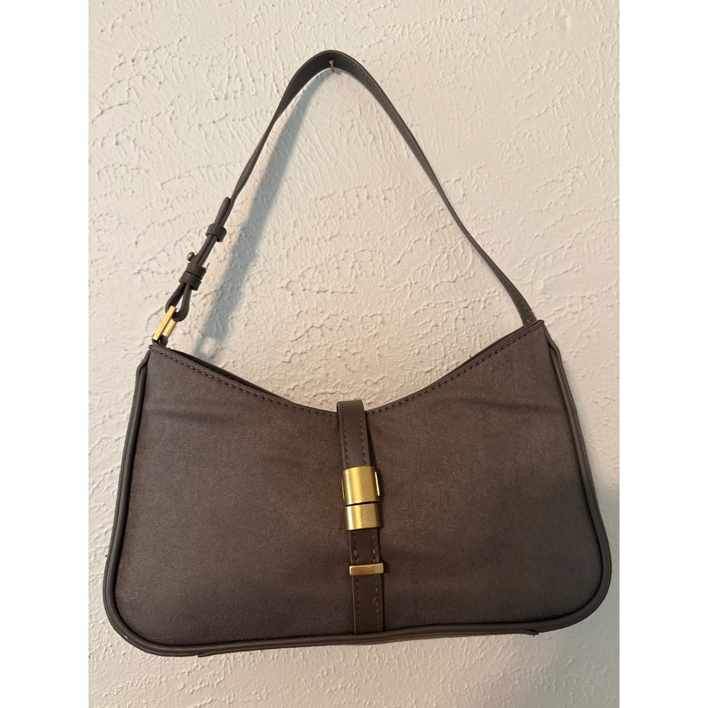 H&M Taupe Brown Faux Suede Shoulder Bag Gold Hardware Hobo Handbag